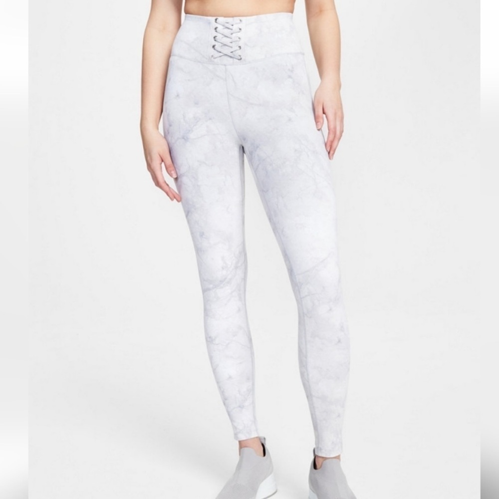 NEW! Jenni Gray Marble Lace Up Waist High Rise Athletic Leggings L
